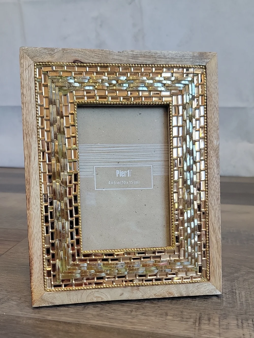 Pier 1 Gold and Natural Wood Mosaic Picture Frame Fits A 4